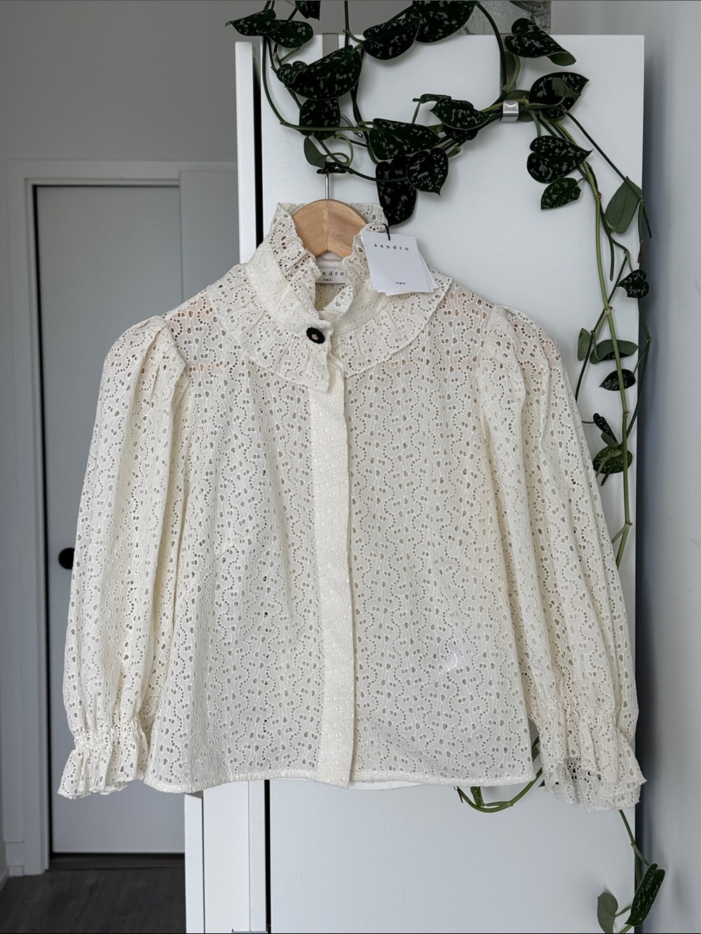 Women’s Cream Lace Button-Up Blouse with Ruffled Collar